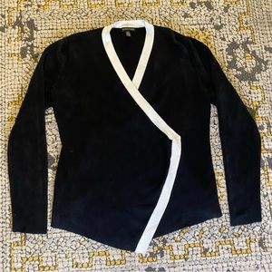 Eileen Fisher Black White Trim Drape Front Tencel Knit Cardigan Sweater Size M